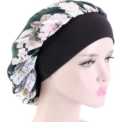 Satin Bonnets Floral Print Silky Headwrap Hair Caps Women Wide Elastic Band Lady Hair Cover Hat Jewelry Night Sleeping Cap