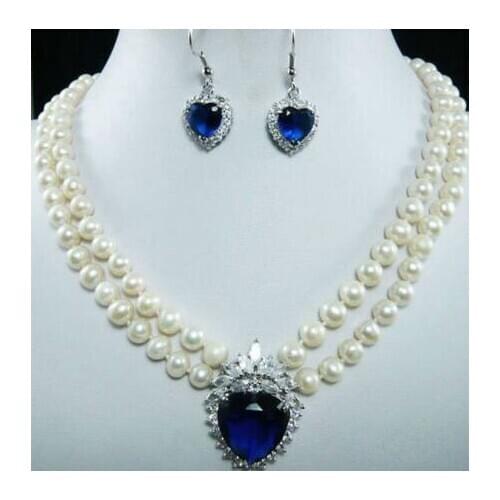 Fashion Picture 7-8mm Natural White Pearl Blue Crystal Pendant Necklace + Earrings Set