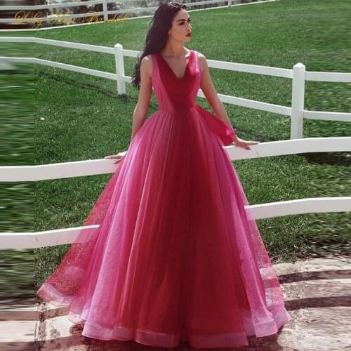Two Tone Long Formal Evening Party Dress V Neck Sleeveless Ruched Tulle Red Prom Gowns Custom Made