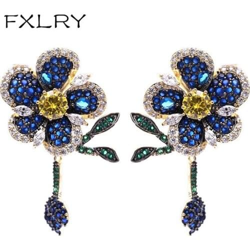 FXLRY Luxury Fashion Micro-set AAA Cubic Zircon Flower Drop Earring For Women Jewelry