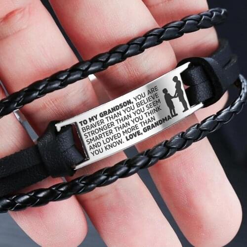 To My Grandson Granddaughter From Grandma Hand-Woven Retro Multi-Color Bracelet DIY Engrave Leather Steel Bracelets Jewelry Gift