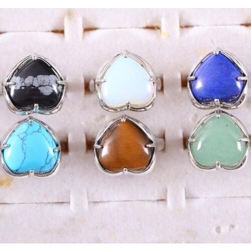 Natural Stone Heart Bead Blue Lapis Gold Tiger Eye White Opal Ring Adjustable Finger Ring For Women Jewelry Gift CAB Cabochon