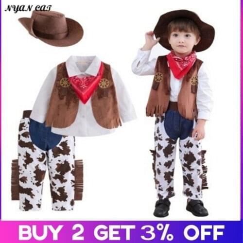 Baby boy Kids Toddlers Halloween costume cowboy 5-pc suit purim event Holiday outfits Hat Scarf Shirt waist coat Pants