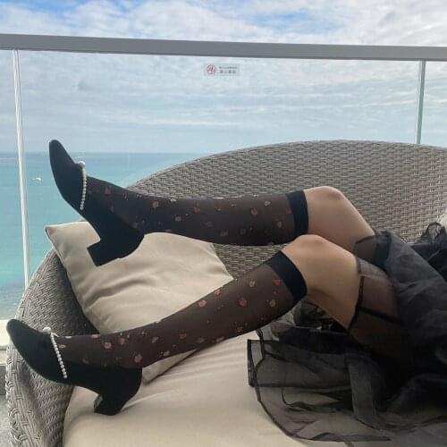 Summer transparent tube socks Calf High Small floral Jacquard stockings College style Japanese Women Girls Stockings