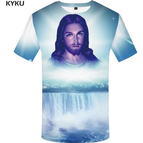 KYKU Jesus T Shirt Men Character Tshirt Waterfall 3d Print T-shirt Punk Rock Clothes Mountain Mens Clothing Summer Casual Tops