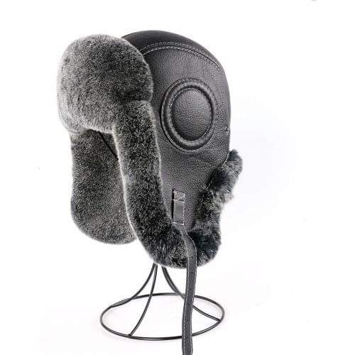 2021 Winter Mens 100% Real Rex Raabit Fur Bomber Hat Ushanka Cap Trapper Russian Man Ski Hats Caps Real Sheepskin Leather