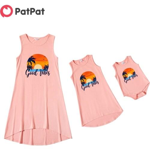 PatPat 2021 New Arrival Good Vibes Sunset Pattern Printed Dresses for Mommy and Me
