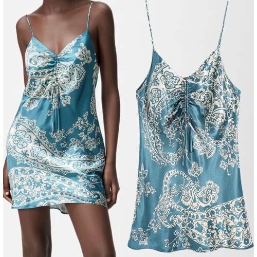 Summer New Style Womens Silk Satin Printed Dress Sleeveless Off-shoulder Holiday Chic Female Dress