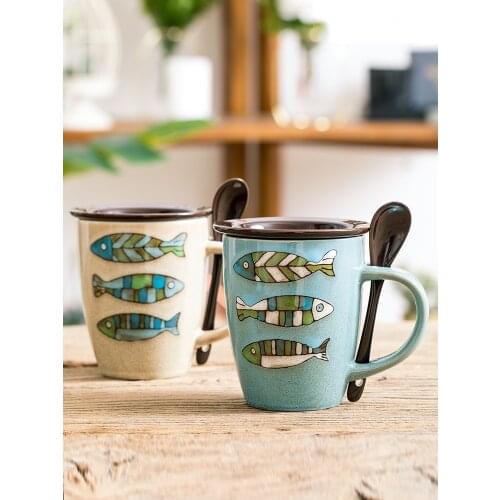 Personality Ceramic Water Cup Coffee Cup Creative Fish Pattern Couple Mark Cup Milk Cup with Cover Spoon Drink Cup