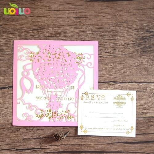 Lovely pink hot balloon laser cut wedding invitation card with rsvp card custmize name logo for wedding and anniversary