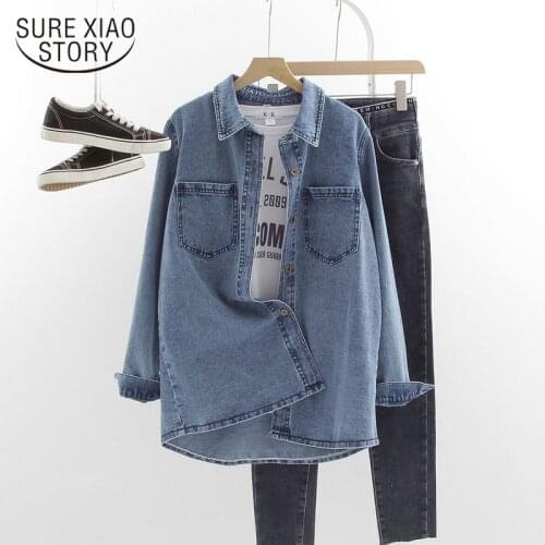 Simple Solid Denim Shirt Coat Women Long Sleeve Pocket Cardigan Streetwear BF Jean Jacket Y2K Harajuku Cowboy Outwear Tops 16761
