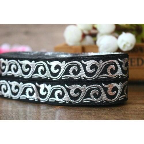 Wide 2cm 10yards/lot Polyester Woven Jacquard Ribbon black background silvery tetom pattern LS-3396