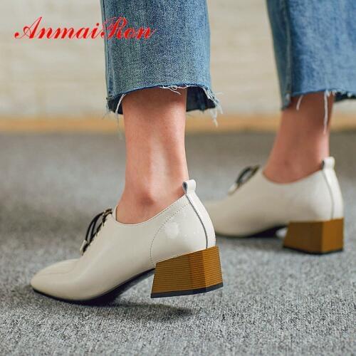 ANMAIRON 2019 Basic Womens Shoes Patent Leather Square Toe Lace-Up Women Pumps Casual Square Heel Classics Sewing Womens Heels