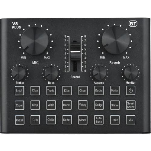 V8 Plus Live Sound Card 15Effects USB Audio Mixer for Microphone Voice Changer Device DJ Karaoke Equipment Support BT Connection