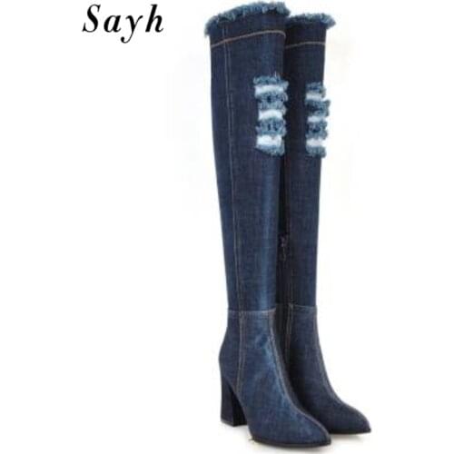 Denim Over Knee Boots Women Pumps Sexy High Heel Boots Zipper Side Winter Boots Ladies Shoes Slim Thigh High Denim Boots