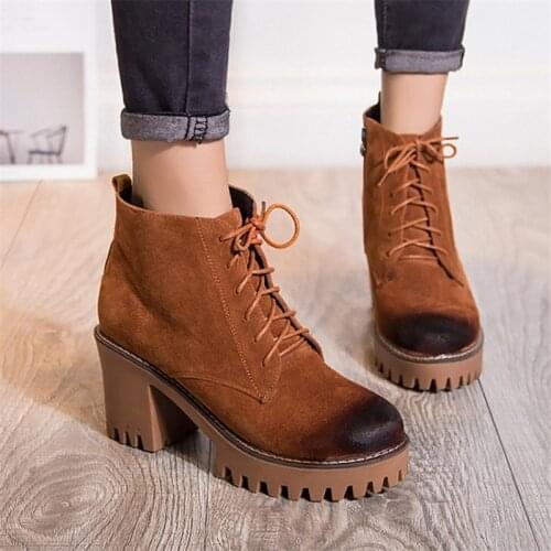 PXELENA Hot Vintage Chunky Block High Heels Gothic Punk Boots Women Faux Suede Lace Up Zip Combat Motorcycle Winter Boots 34-43