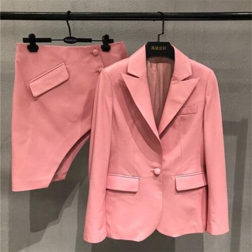 Brand 2 Piece Set Women Genuine Leather Single Button Suit Jacket Irregular Mini Skirt Female Exquisite Blazer And Skirts Set