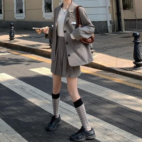 Vintage Women Suit Korean Casual Notched Long Sleeve Oversized Button Outers + Solid High Waist Pleasted Mini Skirt 2020 Fashion