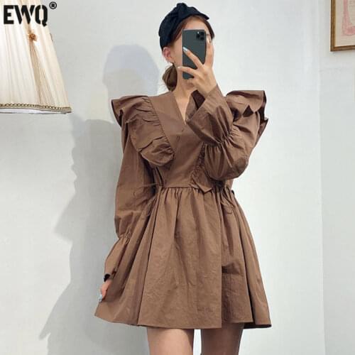 [EWQ] 2021 Spring New Sweet Long Sleeve V-Neck Flare Sleeve Women Dresses Korea Style Ruffles Shangp Ladies Shirt Dress QZ44100