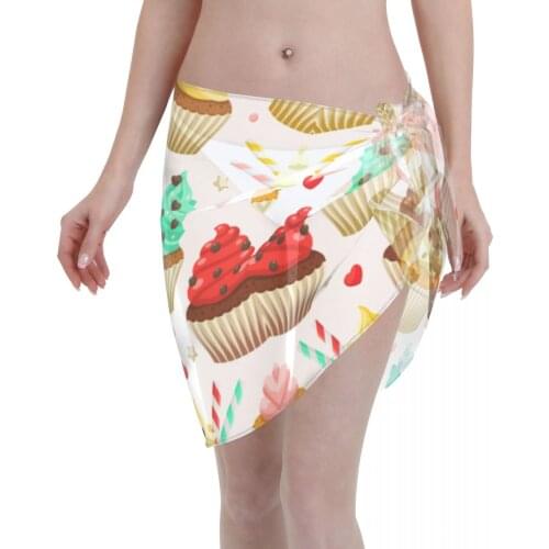 Women See-Through Beach Bikini Cover Up Wrap Scarf Swimwear Pareo Sarong Dress Cute Cupcakes Casual Beach Dress