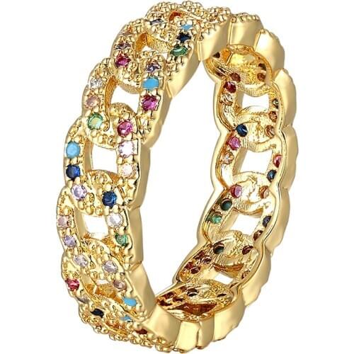 Hollow-carved Design Charm Rings Rainbow Cubic Zircon Crystal Rhinestone For Women Gold Color Ring Engagement Wedding Band Rings