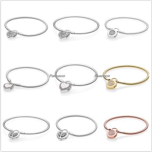 Authentic 925 Sterling Silver Rose Signature Padlock Smooth Snake Chain Bracelet Bangle Fit Women Bead Charm Pandora Jewelry
