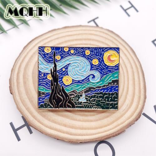 Cartoon Golden Van Gogh Oil Painting Starry Sun Moon Enamel Brooch Custom Alloy Badge Cowboy Clothes Bag Pin Punk Jewelry Gift