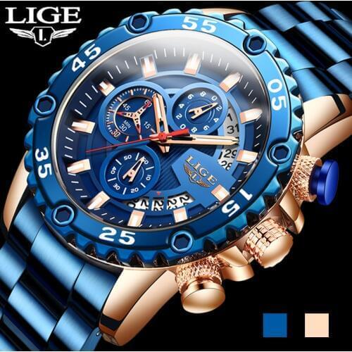 LIGE New Sports Watches Men Aircraft Pointer Luminous Quartz Watch 30M Waterproof Blue Full Steel Military Wrist Watch With Box