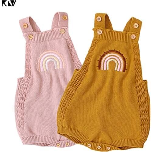 Baby Sleeveless Knitted Rompers Bodysuits Autumn Newborn Boys Girls Rainbow Pattern Jumpsuits Clothes 0-24Months Toddler Costume