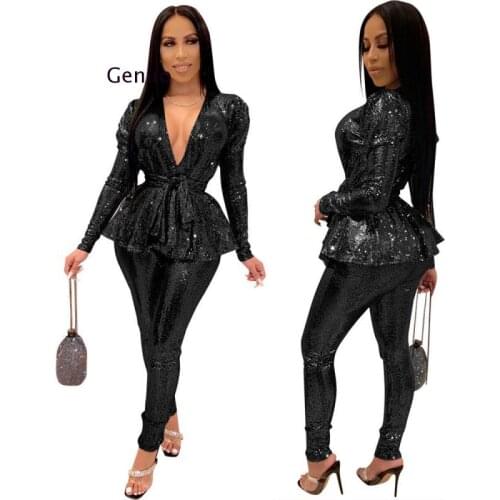 Flash Chip Special Design Deep V Neck Long Sleeve Crop Top and Leggings 2 Pieces Set Sexy Tight Club Party Lady Fashion Outfits