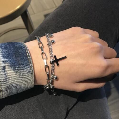 Hip Hop Punk Multilayer Chain Link Bracelet Wristband Cuff Bangle Gift Jewelry Women Cross Double Layer Bracelets Sliver Color