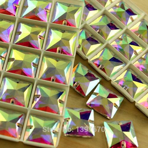 Square shape 50pcs Crystal AB crystal Sew On Rhinestones Flatback Sewing-on Crystals With Holes For clothing accessories