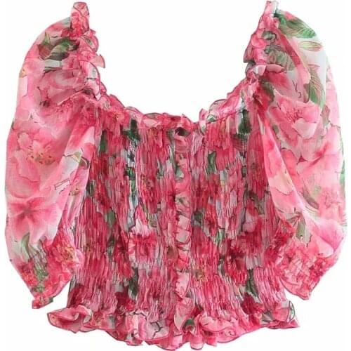 Summer Women Floral Print Chiffon Short Shirt Female Puff Sleeve Blouse Casual Lady Slim Crop Tops Blusas S8897