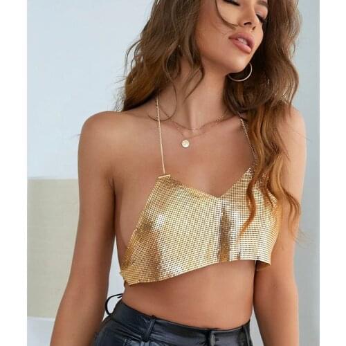 Summer Women Sexy Club Bar Backless Metal Sequin Crop Tops Beach Night Club Party Clothes Shiny V-Neck Tank Top