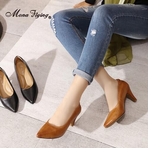 Mona Flying Womens Leather Pumps Hand-made Comfort Dress Party Fashion Elegant Pointed Toe High Heels for Ladies 2020 G168-12