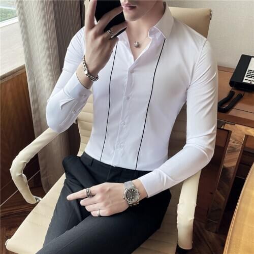 High Quality Simple Long Sleeve Embroidery Stripes Shirts Men Clothes 2021 All Match Slim Fit Casual Blouse Homme Plus Size 4XL