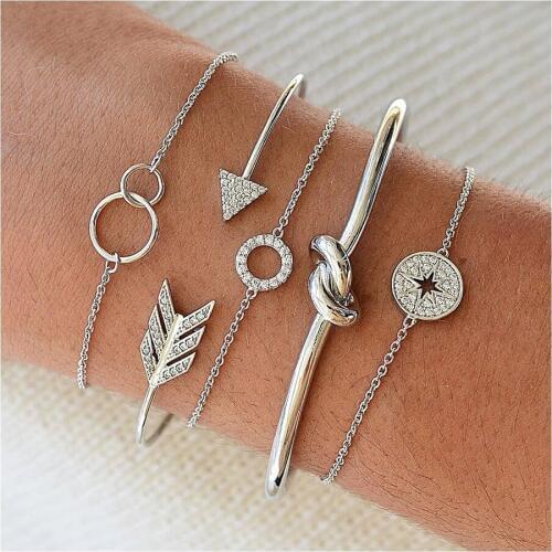 Pack Of 5 adjustable bangle bracelet with rhinestone in burnished mixed link chains