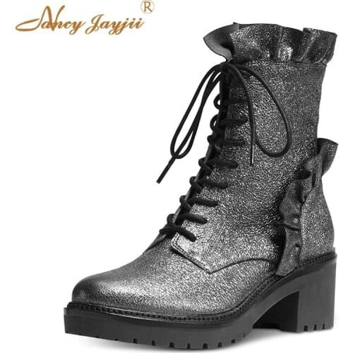 Ruffles Women Shoes Adult Ladies Boots Solid Ankle Lace-Up Cross-tied High Square heel Round Toe Fashion Mature Ruffles 2019