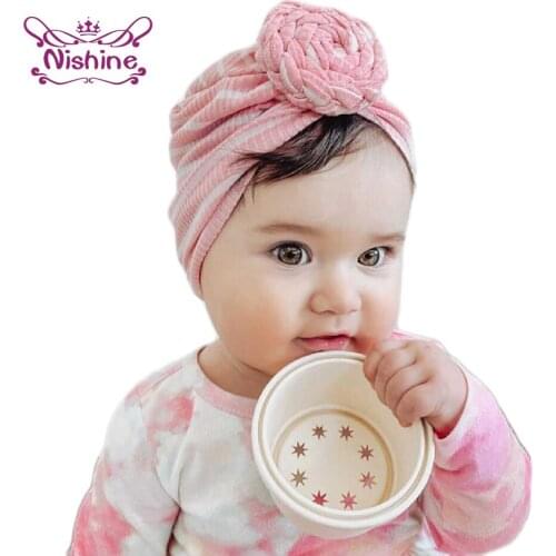 Nishine Soft Comfortable Baby Girls Turban Hat Solid Color Handmade Knotted Newborn Beanie Caps Infant Headwear Birthday Gifts
