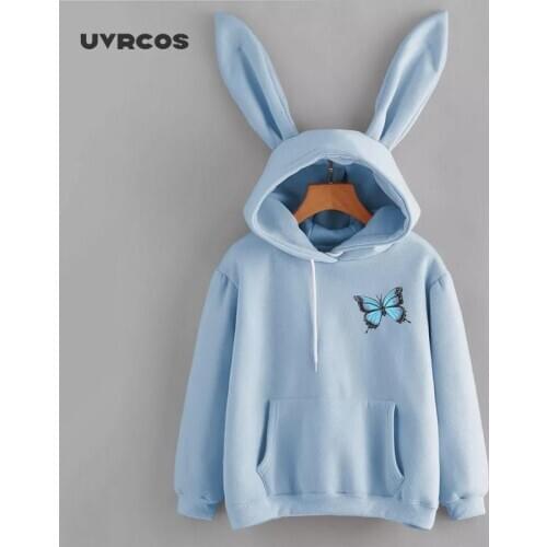 UVRCOS Autumn Winter Women Hoodies Kawaii Rabbit Ears Fashion Print Hoody Casual Solid Color Sweatshirt Hoodies For Women