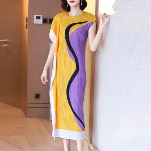 Issey miyake pleated print dress 2021 summer new style high-end fashion waist French long skirt vintage dress for woman