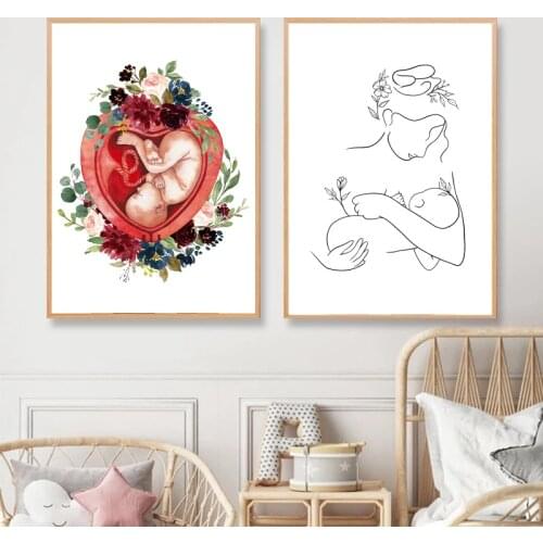 Pregnancy Mother and Baby Minimal Art Line Drawing Canvas Painting Black White Minimalist Poster Prints Nursery Wall Decoration