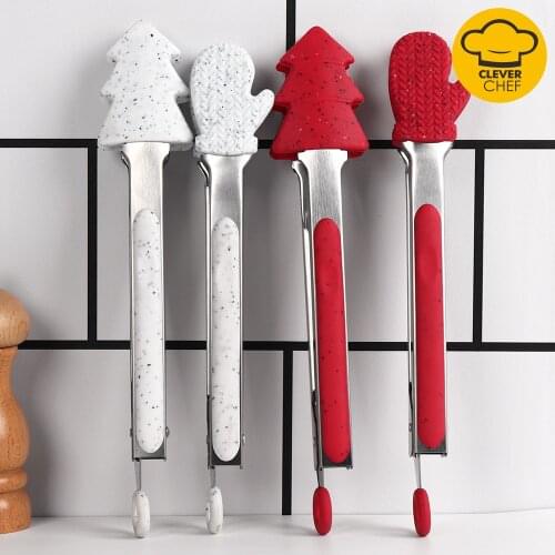 Christmas Themed Stainless Steel Silicone Kitchen BBQ Tong Clip Premium Stainless Steel Locking Cooking Tongs with Silicone Tips