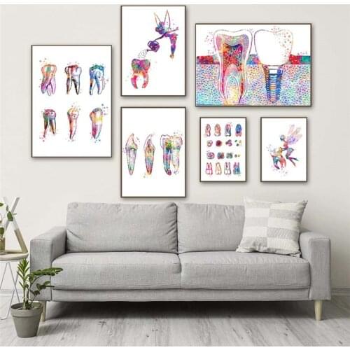 Self-adhesive Wall Sticker Dental Art Tooth Fairy Watercolor Wall Art Poster Dental Hygienist Teeth Wall Pictures Clinic Decor
