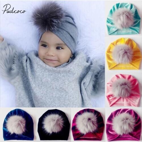 2018 Brand New Newborn Infant Baby Girls Boys Hats Fur Balls Turban Velvet Beanie Hat Hair Ball Warm Cap Baby Gifts 7 Colors