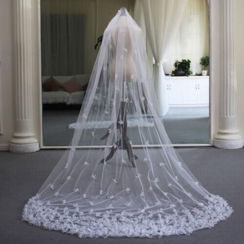 SLBRIDAL Cut Edge Flower Wedding Long Cathedral Veils With Comb White Bridal Veils Wedding Accessories For Bride Mariage Women
