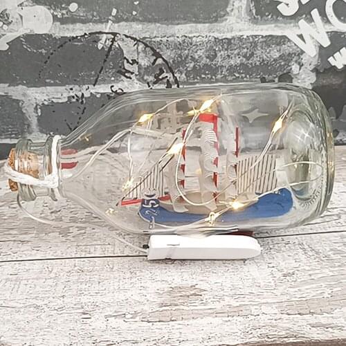 Mediterranean Ship In a Bottle Boat Wood Base Drift Bottle LED Night Light Ornaments Room Vintage Home Decoration Accessories