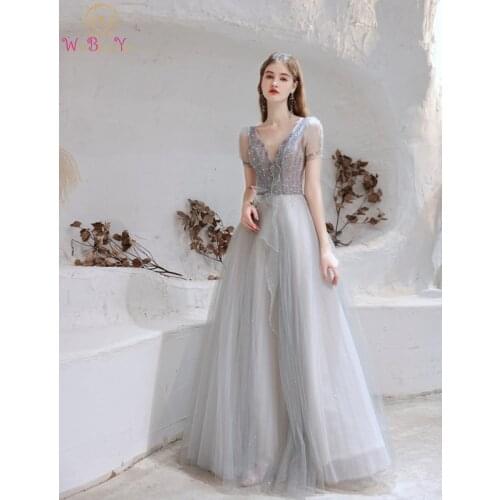 Silver Evening Dresses Long Beaded Sequined Short Sleeves V Neck Sheer A Line Prom Party Gowns Formal Walk Beside You