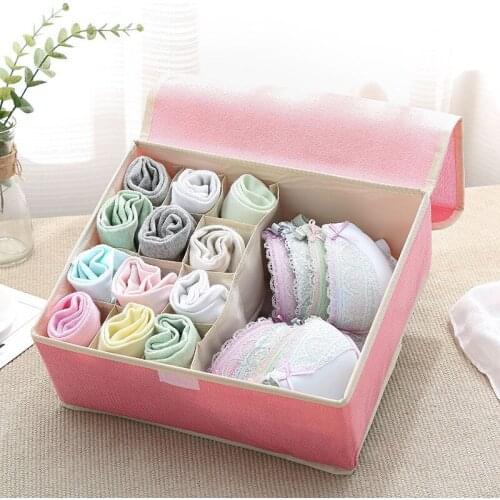 Cotton Linen Underwear Socks Storage Box 13 Grids Breathable Foldable Wardrobe Organizer Dormitory Drawer Division Bra Case