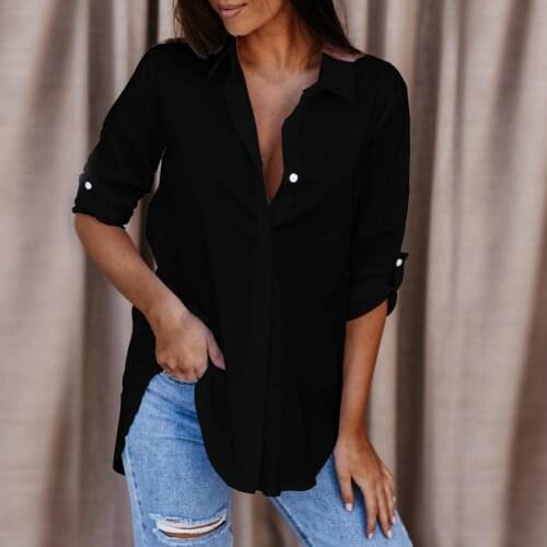 Women Shirts 2021 Plus Size Solid Color V Neck Blouses Casual Long Sleeve Office Button Shirt Tops рубашка женская oversize